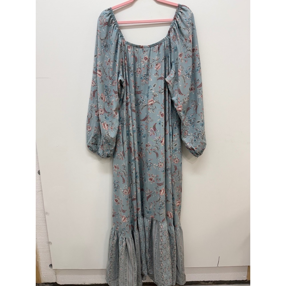 Torrid Maxi Dress 2 Blue Floral Boho Tassel Long Sleeve Tiered Hem - Picture 3 of 10